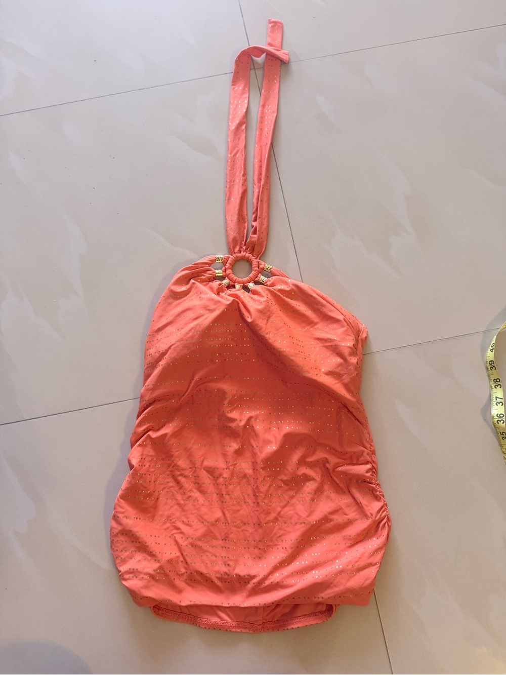 coral/peach halter tankini swimsuit top by designer Carmen Marc Valvo. This spec